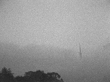 Frame showing the Transamerica Pyramid in fog