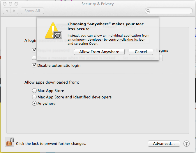 Choosing 'Anywhere' makes your Mac less secure.